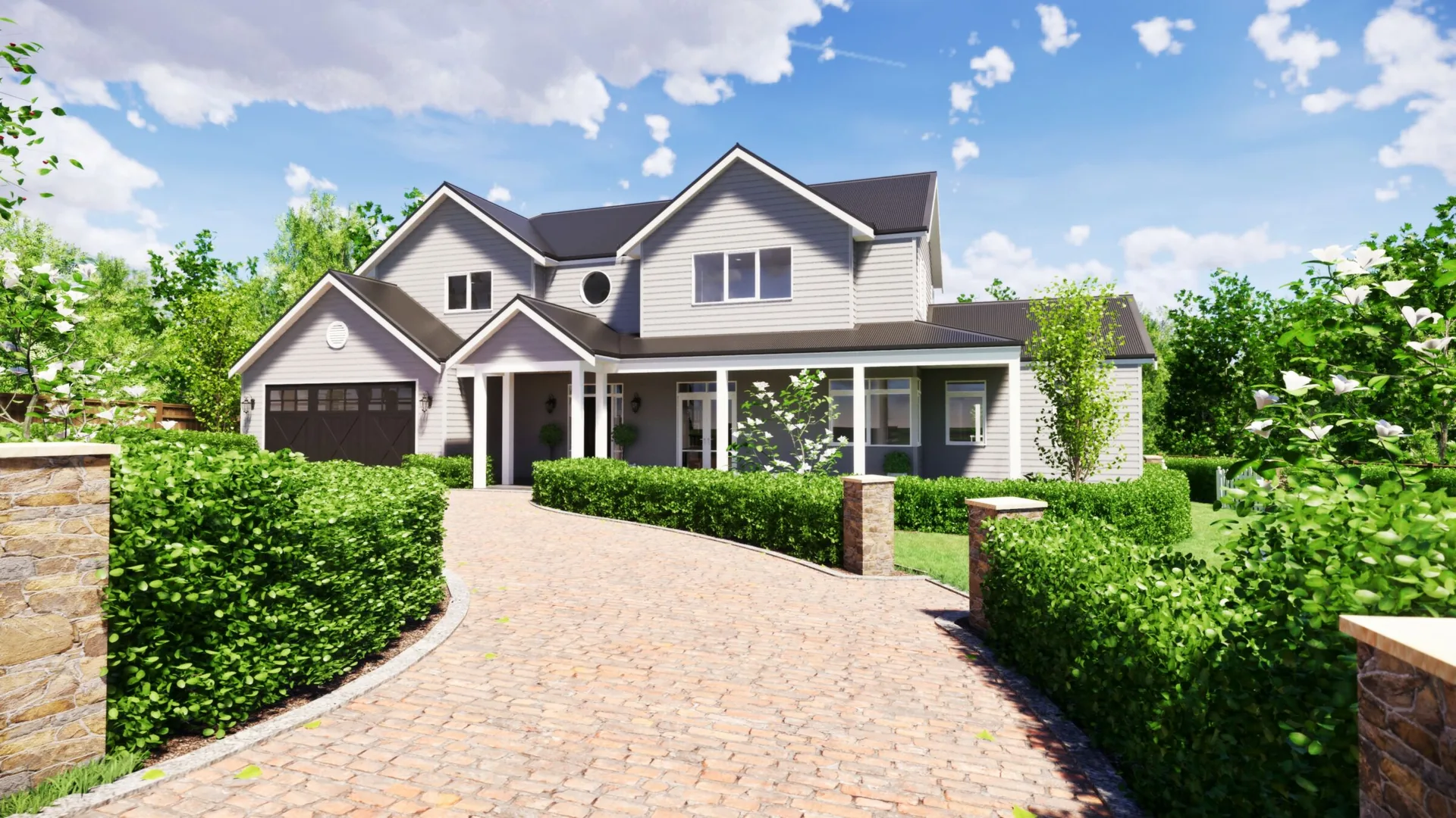 A Hamptons-style Storybook home with light weatherboard cladding and covered outdoor living