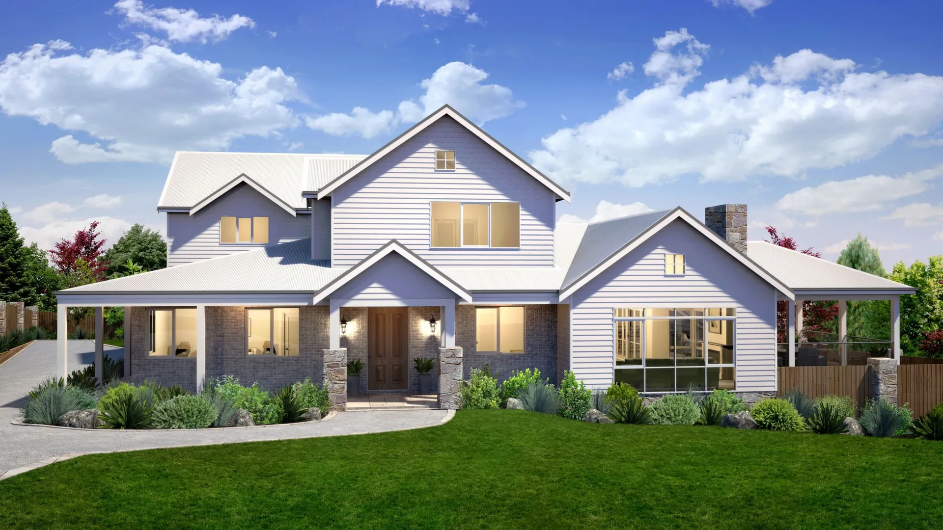 A classic Storybook home with layered gables and a welcoming veranda
