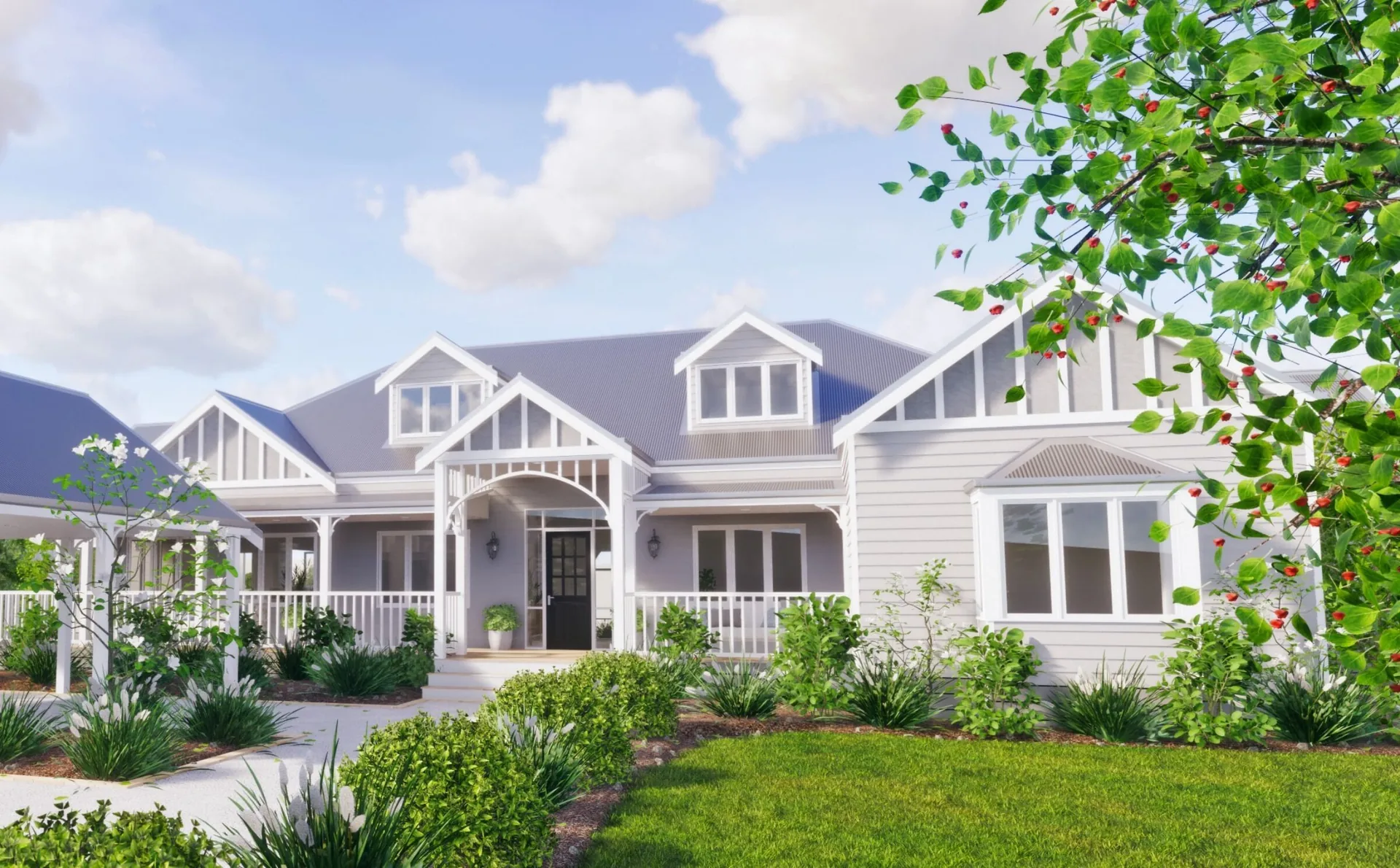A country Storybook homestead with a long veranda, set in open rural land