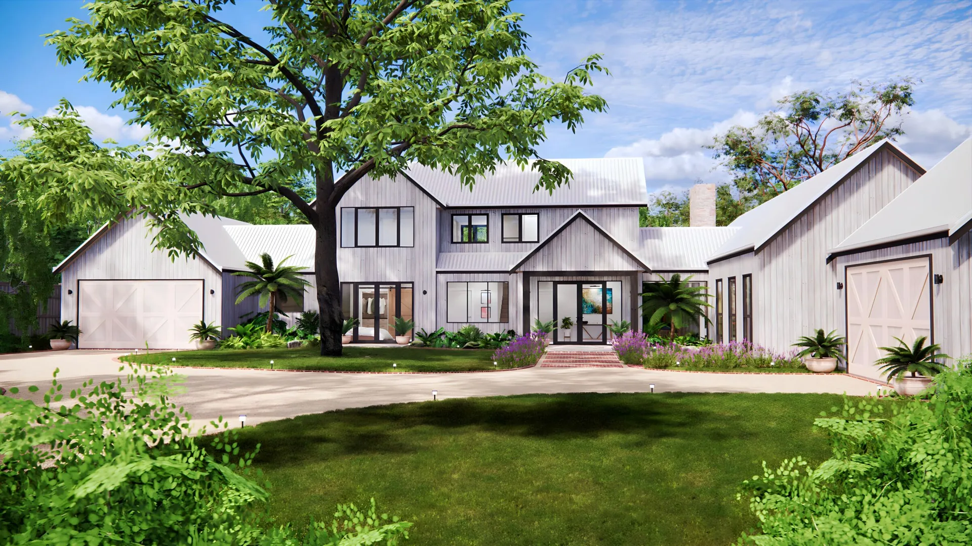 A Storybook home with steep gabled rooflines in an established garden at dusk