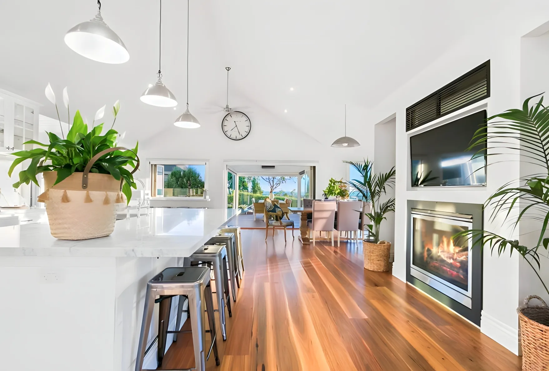 Cathedral ceiling above an open-plan Storybook living room