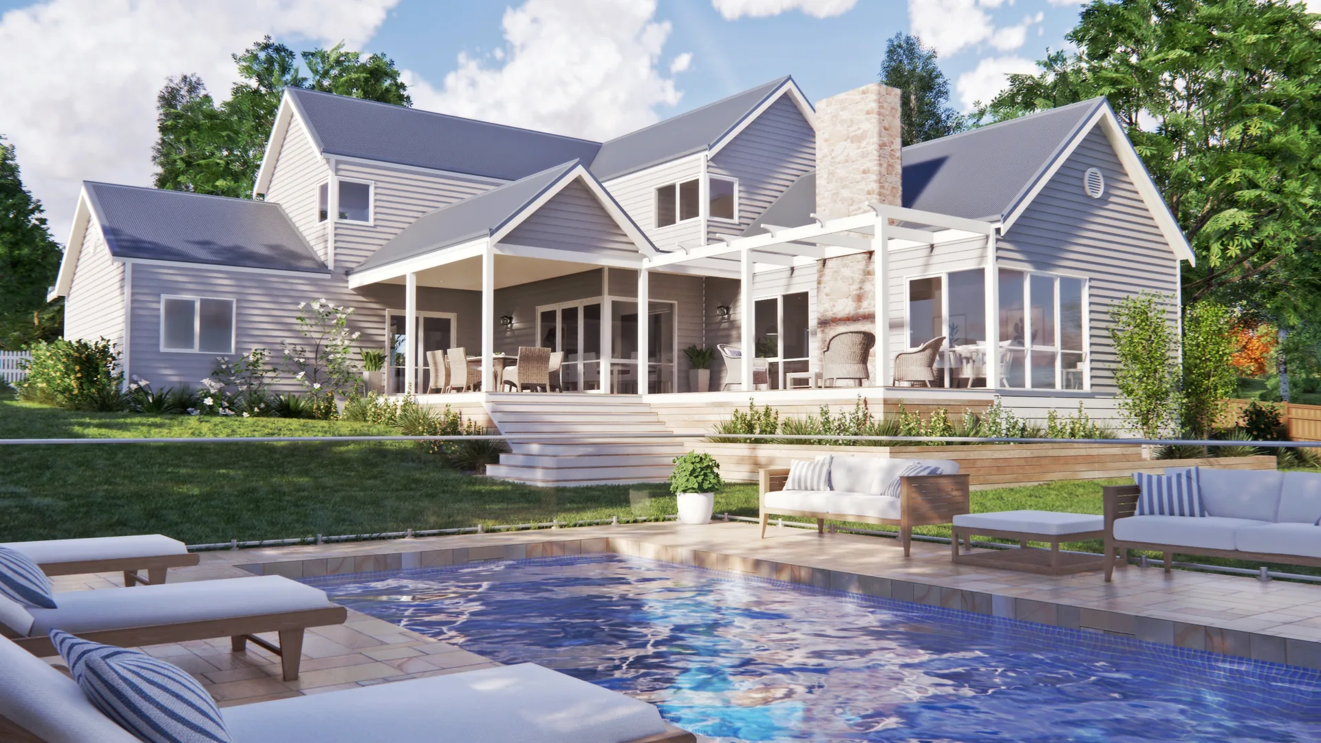 A Storybook home stepped down its sloping site
